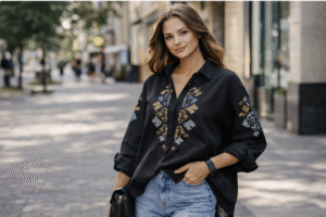 Сучасна жіноча вишиванка вільного крою з геометричною вишивкою